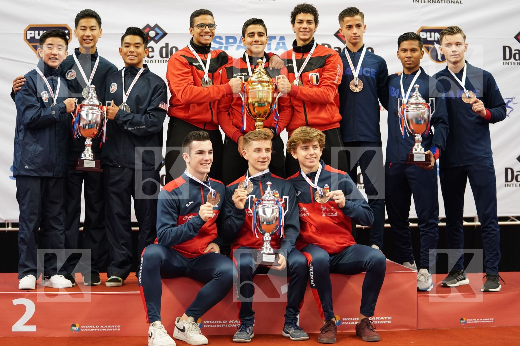 USA, FRANCE, SPAIN, EGYPT, UNITED STATES in Cadet & Junior Team Male Kata - Podium ceremony