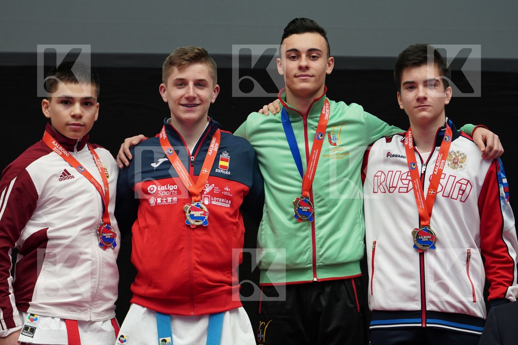 BARDOS ADAM (HUNGARY), BALBUENA CISNEROS SALVADOR (SPAIN), SOUSA MARTIM (PORTUGAL), RODRIGES YANOVITSKIY ANTONIO (RUSSIAN FEDERATION) in Cadet Kata Male - podium