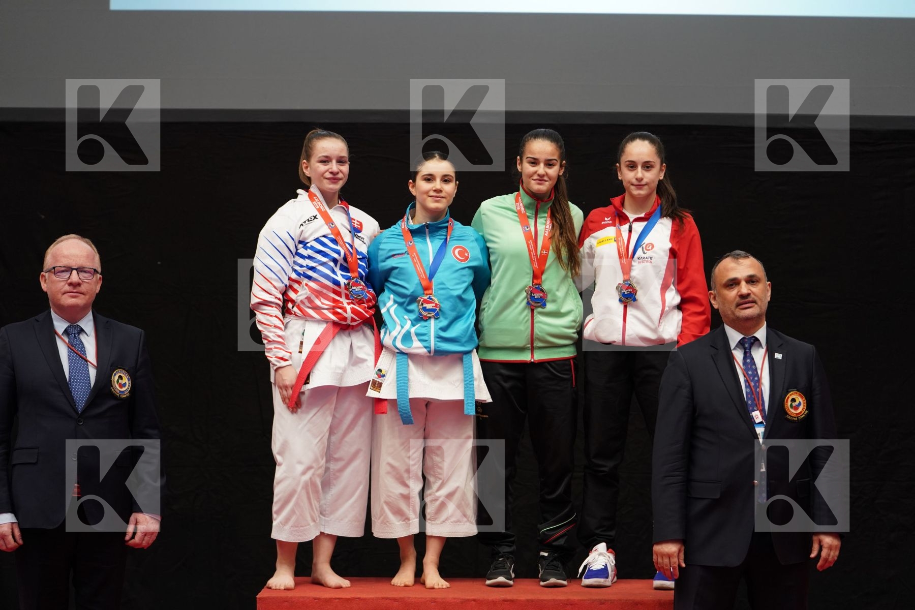 CUKANOVA MICHAELA (SLOVAKIA), VARDAR MENEKSE (TURKEY), FERNANDES NATACHA (PORTUGAL), CELO ISRA (AUSTRIA) in Cadet Kata Female - podium