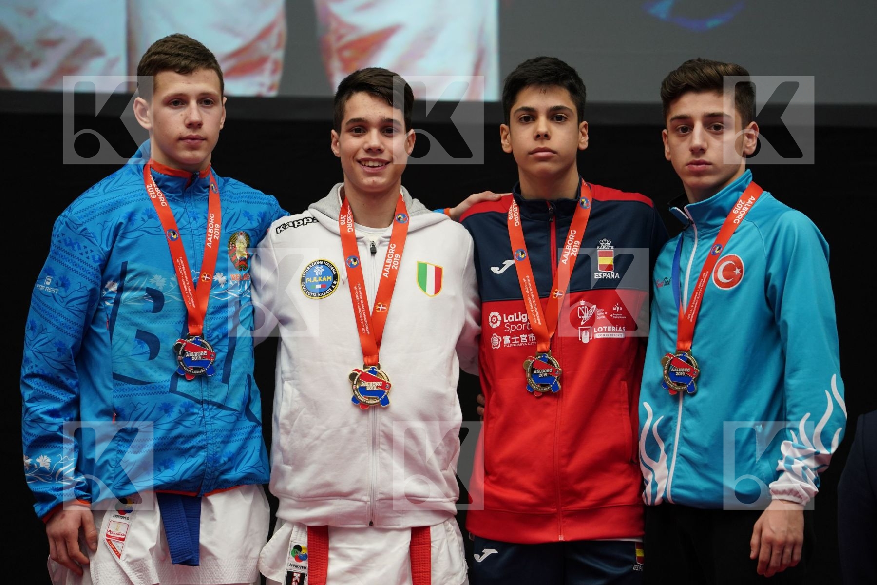 LUCIANO CARMINE (ITALY), RASHETNIK MIKITA (BELARUS), CUERVA MORA VICTOR (SPAIN), OZDEMIR BURAK (TURKEY) in Junior Kumite Male Ð 55 Kg - Podium