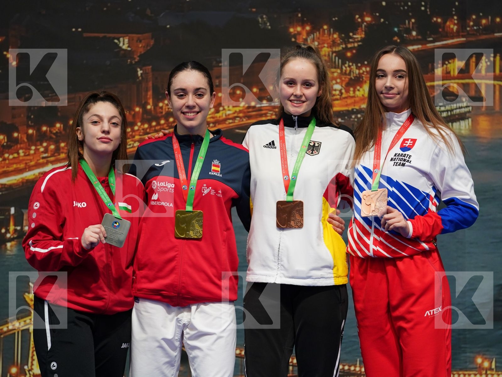 PASCUAL CHICO MARTA (SPAIN), PETKOVA SANYA (BULGARIA), KRIVDOVA SARA (SLOVAKIA), LUECKE AMELIE (GERMANY) in Junior Kumite Female 59+ Kg - Podium ceremony
