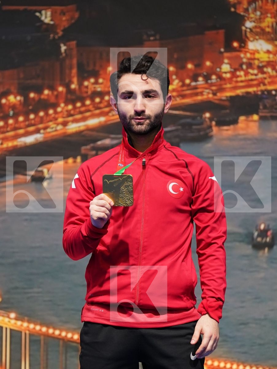 ATES OMER FARUK (TURKEY), XENOS CHRISTOS-STEFANOS (GREECE), SAVIN ILIA (RUSSIAN FEDERATION), BERTHON ENZO (FRANCE) in Under 21 Kumite Male -60 Kg - Podium ceremony