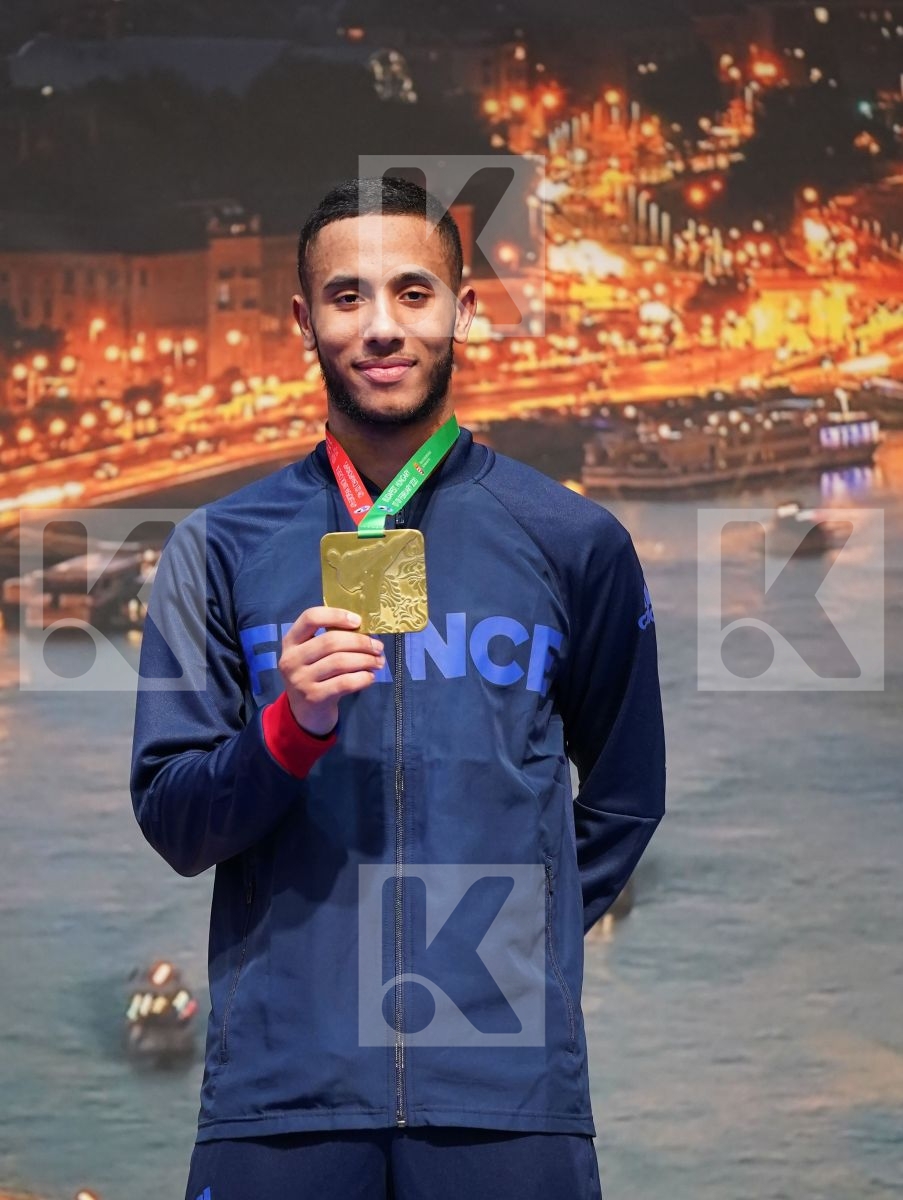 SALMI YOUNESSE (FRANCE), BOSKOVIC BOJAN (MONTENEGRO), OZER OMER ABDURRAHIM (TURKEY), ACKOVSKI ROBERTO (NORTH MACEDONIA) in Under 21 Kumite Male -67 Kg - Podium ceremony