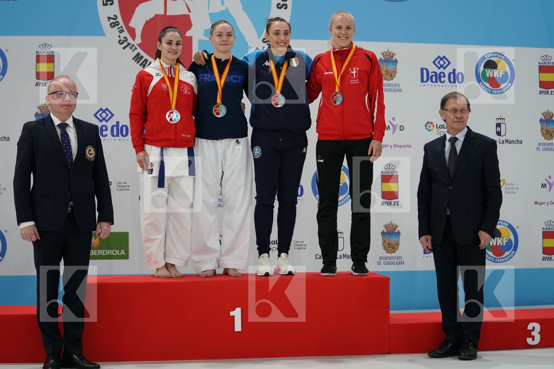 AGIER ALIZEE (FRANCE), QUIRICI ELENA (SWITZERLAND), SEMERARO SILVIA (ITALY), PEDERSEN KATRINE (DENMARK) in Senior Kumite -68 Kg - Podium ceremony