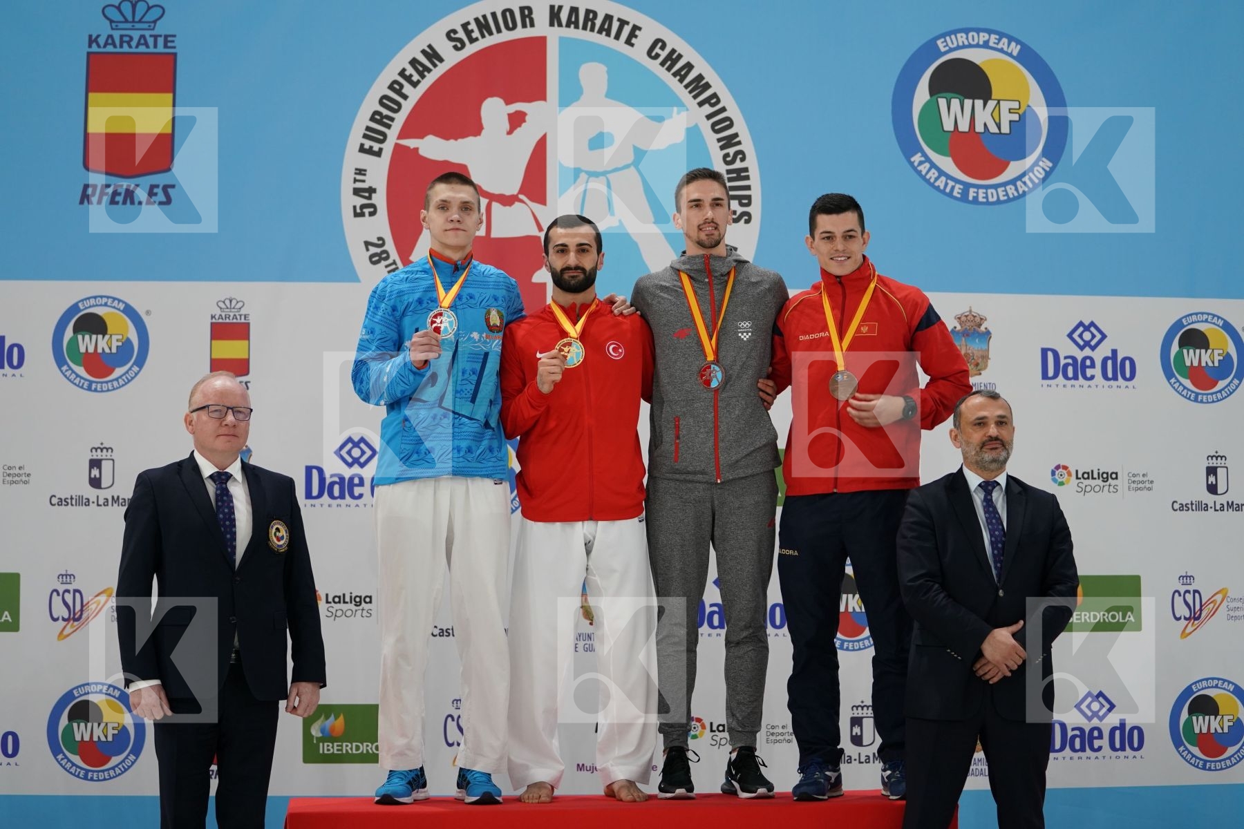 ISAKAU ANTON (BELARUS), AKTAS UGUR (TURKEY), KVESIC IVAN (CROATIA), MALOVIC NIKOLA (MONTENEGRO) in Senior Kumite -84 Kg - Podium ceremony