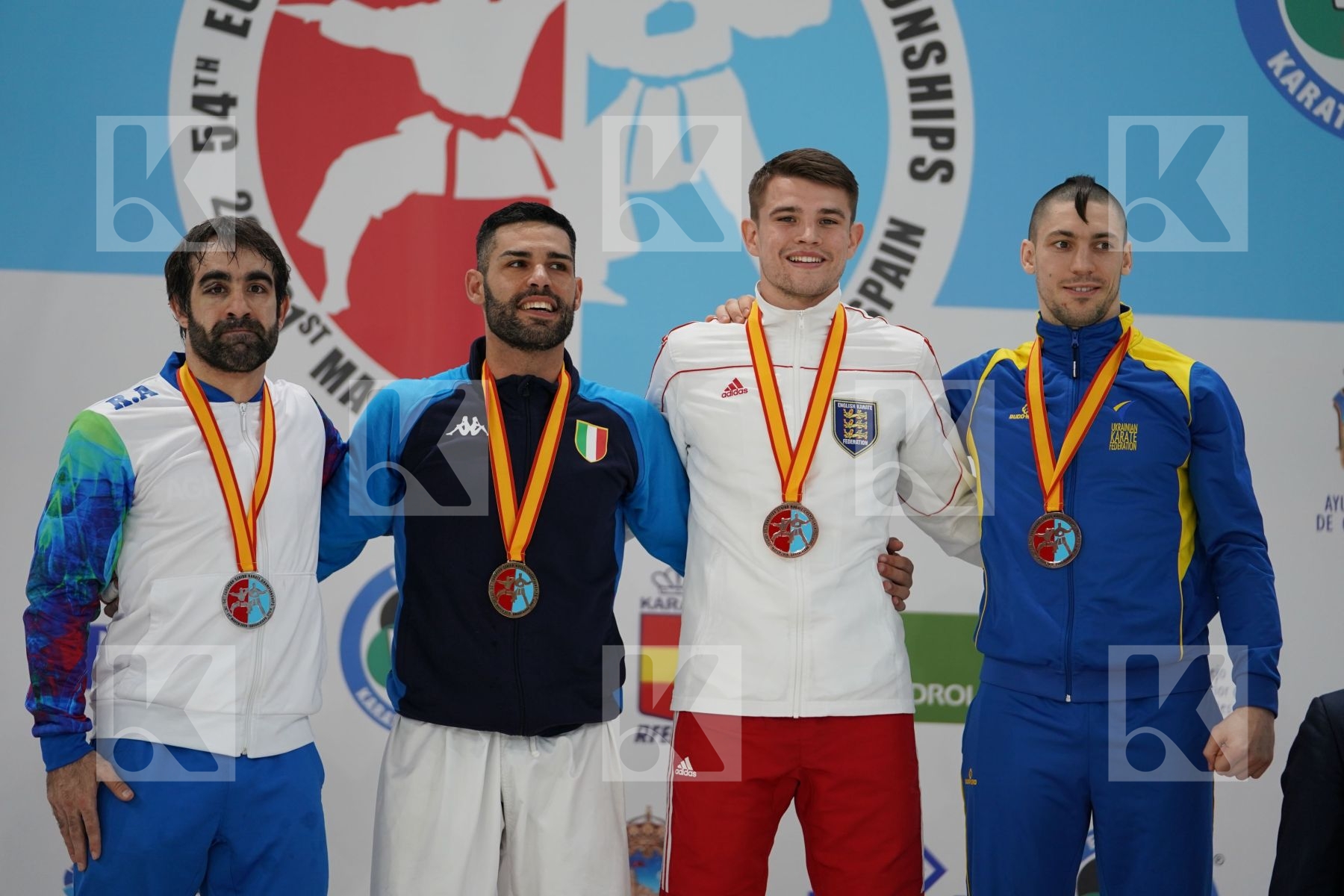 BUSA LUIGI (ITALY), AGHAYEV RAFAEL (AZERBAIJAN), KELLAWAY JOE (ENGLAND), HORUNA STANISLAV (UKRAINE) in Senior Kumite -75 Kg - Podium ceremony