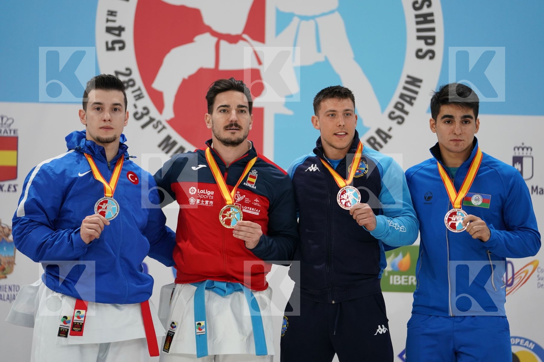 SOFUOGLU ALI (TURKEY), QUINTERO CAPDEVILA DAMIAN HUGO (SPAIN), BUSATO MATTIA (ITALY), HEYDAROV ROMAN (AZERBAIJAN) in Senior Male Kata - Podium ceremony