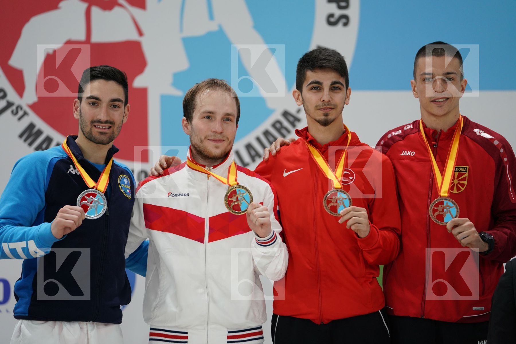 CRESCENZO ANGELO (ITALY), PLAKHUTIN EVGENY (RUSSIA), SAMDAN ERAY (TURKEY), PAVLOV EMIL (MACEDONIA) in Senior Kumite -60 Kg - Podium ceremony