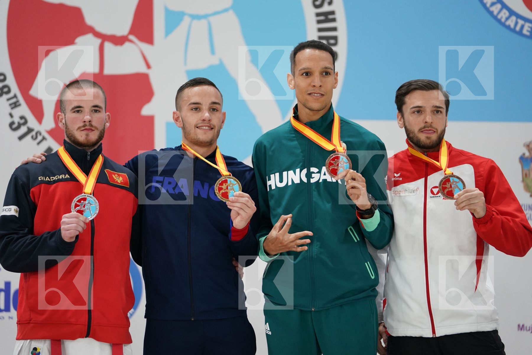 HODZIC MARIO (MONTENEGRO), DACOSTA STEVEN (FRANCE), TADISSI YVES MARTIAL (HUNGARIA), POKORNY STEFAN (AUSTRIA) in Senior Kumite -67 Kg - Podium ceremony