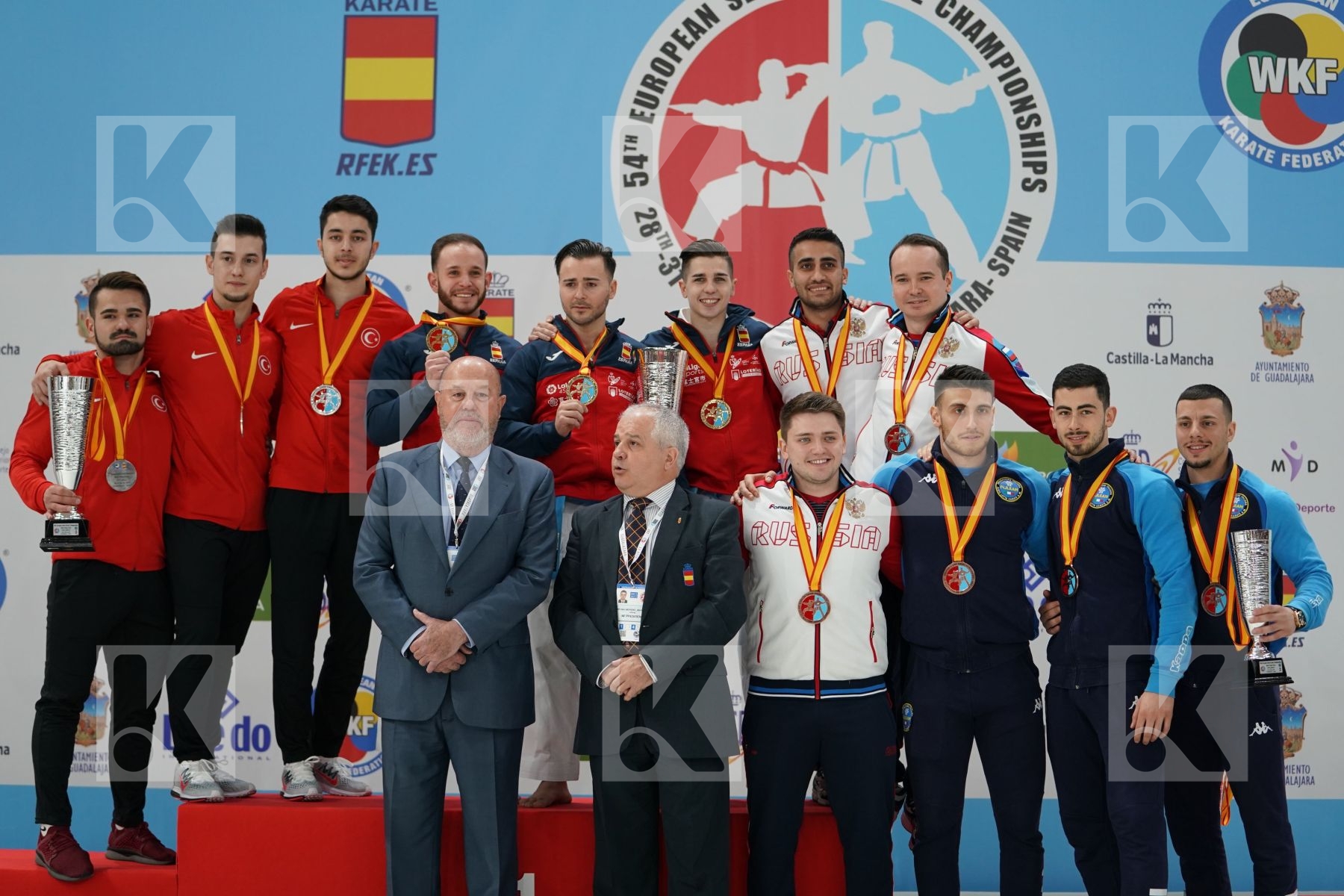 TURKEY, SPAIN, RUSSIA, ITALY in Senior Team Male Kata - Podium ceremony