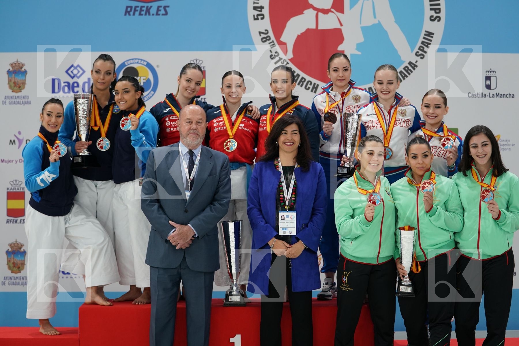 SPAIN, ITALY, RUSSIA, PORTUGAL in Senior Team Female Kata - Podium ceremony
