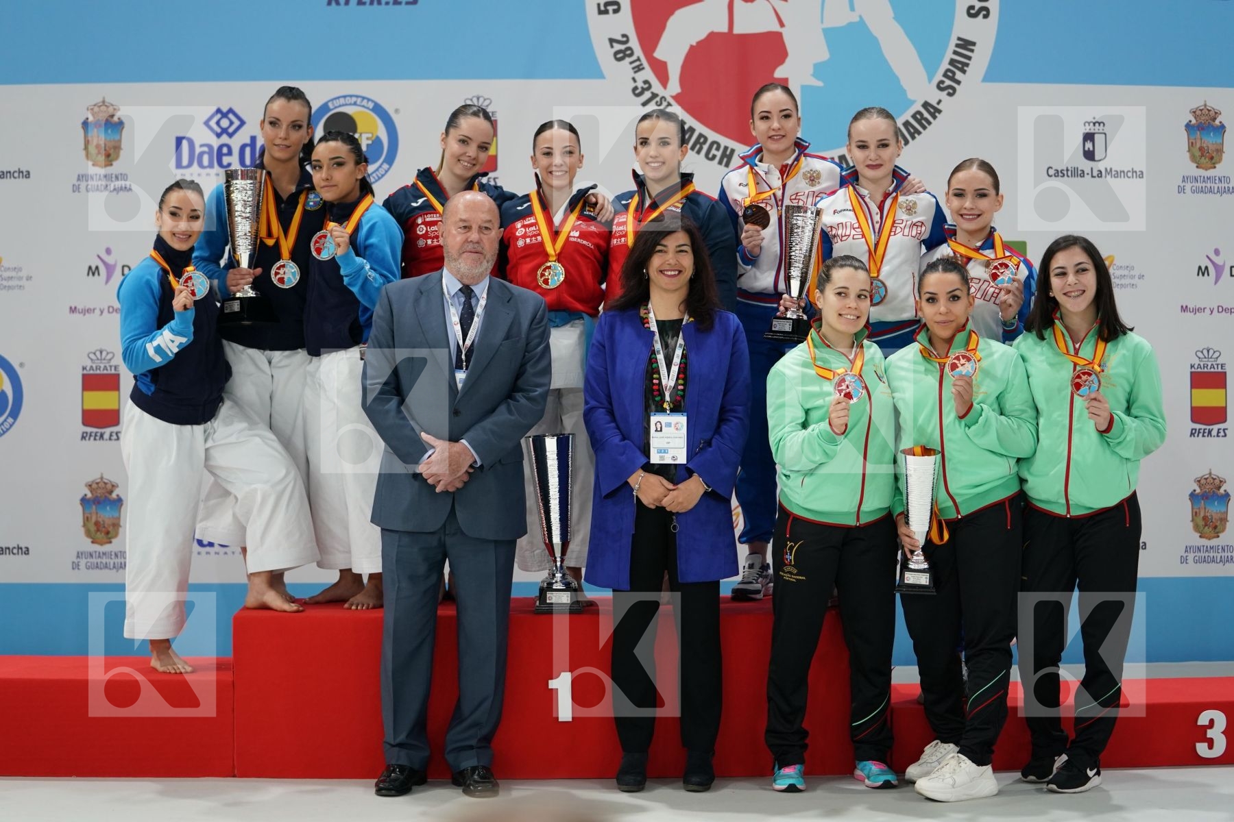 SPAIN, ITALY, RUSSIA, PORTUGAL in Senior Team Female Kata - Podium ceremony