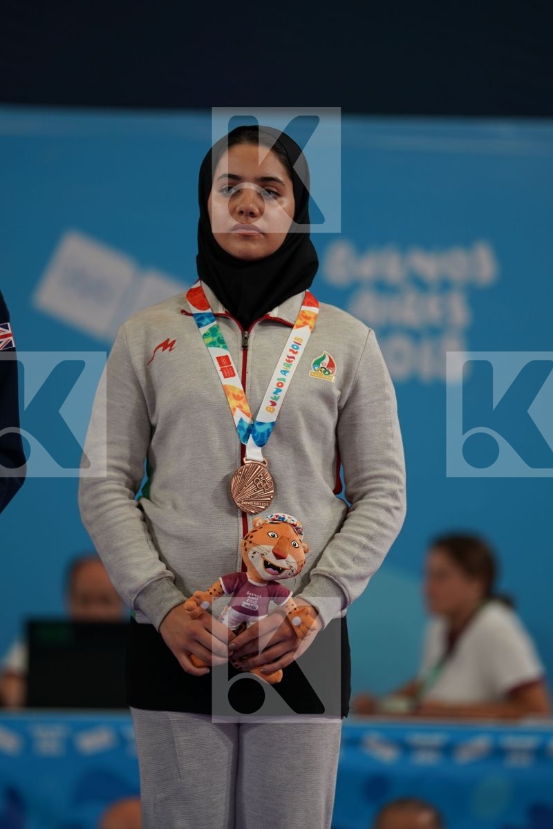 ANNIKA SAELID (NORWAY), SAKURA SAWASHIMA (JAPAN), LAUREN PAIGE SALISBURY (GREAT BRITAIN), NEGIN ALTOONI (IRAN) in Junior Kumite Female 59+ Kg - podium ceremony